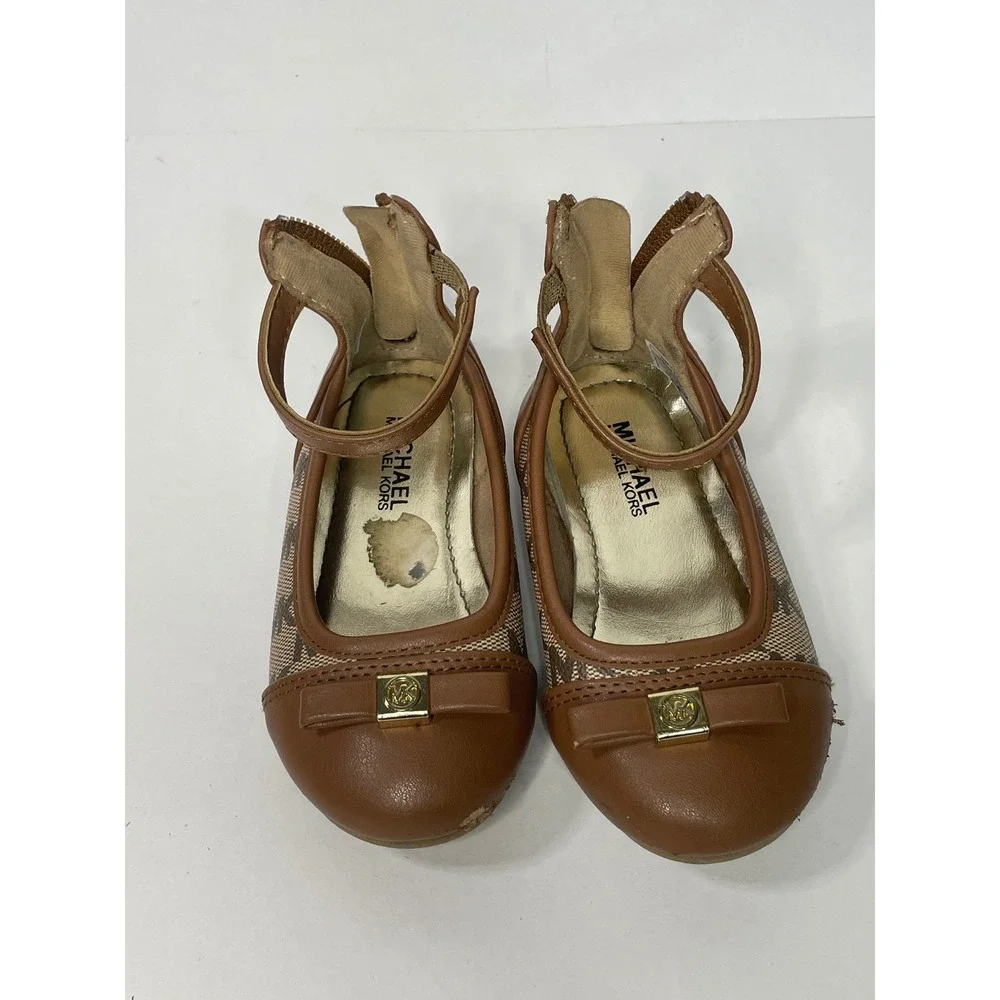 Michael Kors Florence‎ Flats Toddler Size 7 Brown Fair MK Logo Ankle Strap Bow
